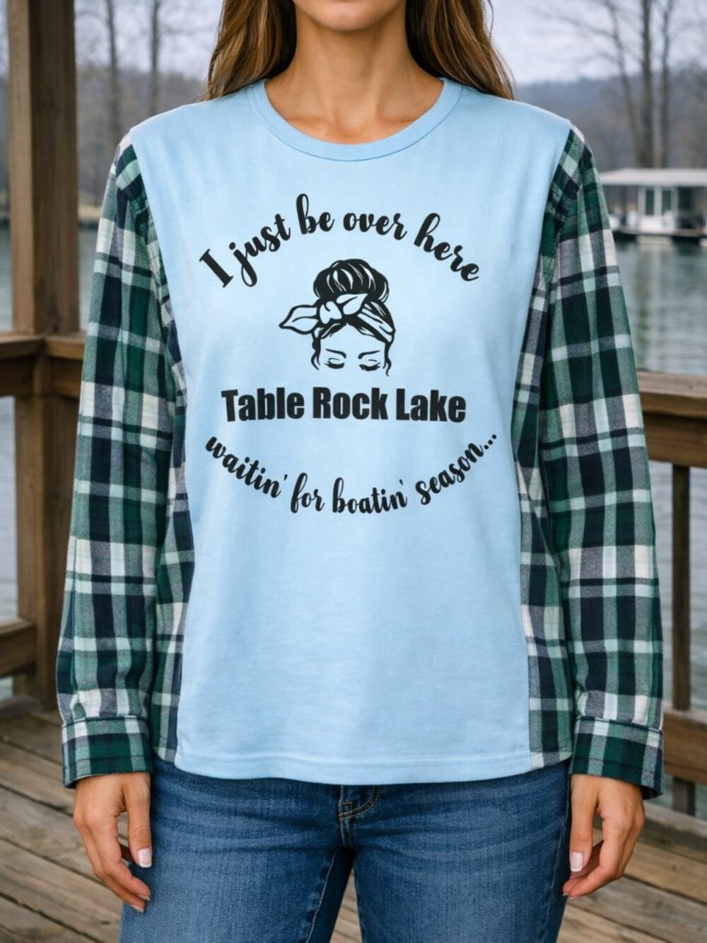Table Rock Lake Oversized Graphic T-shirt Boating Theme Flannel Tee Upcycle M-L